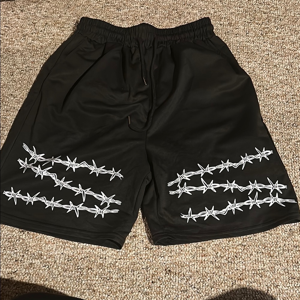 Black Shorts with White Barbed Wire Design and Pockets